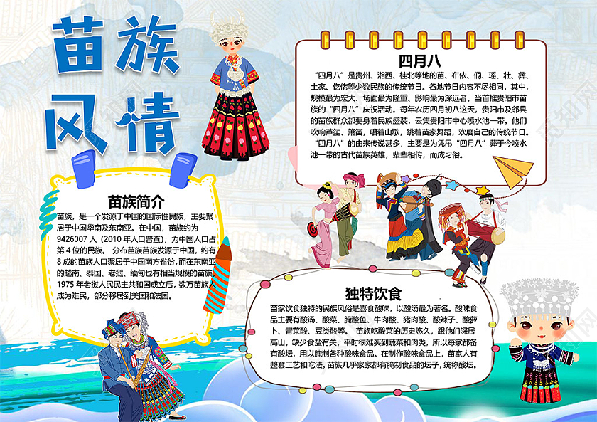 卡通苗族风情独特饮食宗教信仰庆典美食跳舞四月八小报苗族旅游小报手抄报