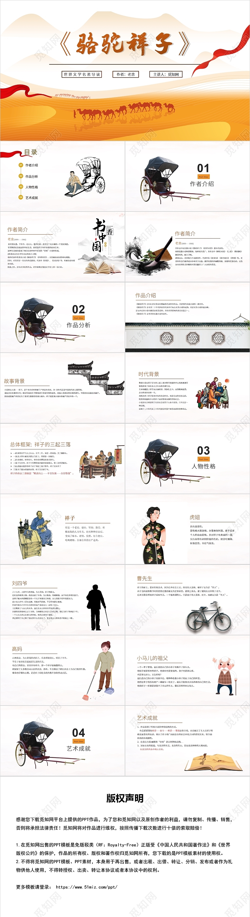 黄色简约风骆驼祥子文学读书分享PPT模板