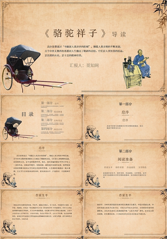 黄色简约风骆驼祥子文学读书分享PPT模板