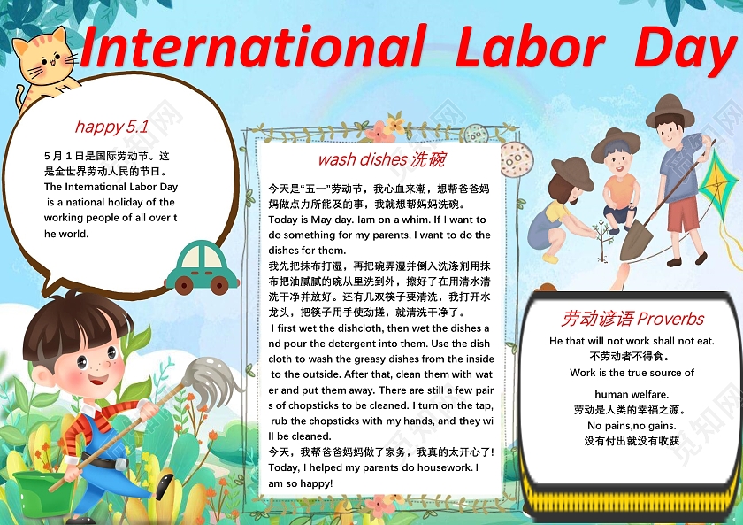 蓝色卡通五一劳动节英文小报手抄报