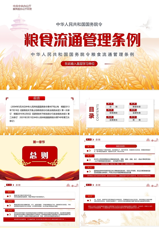 金色党政粮食流通管理条例介绍党课PPT模板党政党建党课
