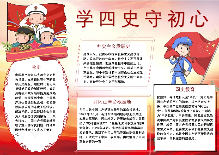 红色卡通学四史守初心卡通小报手抄报党史