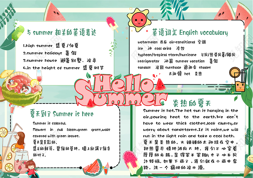 绿色卡通Hello Summer夏天小学生手抄报