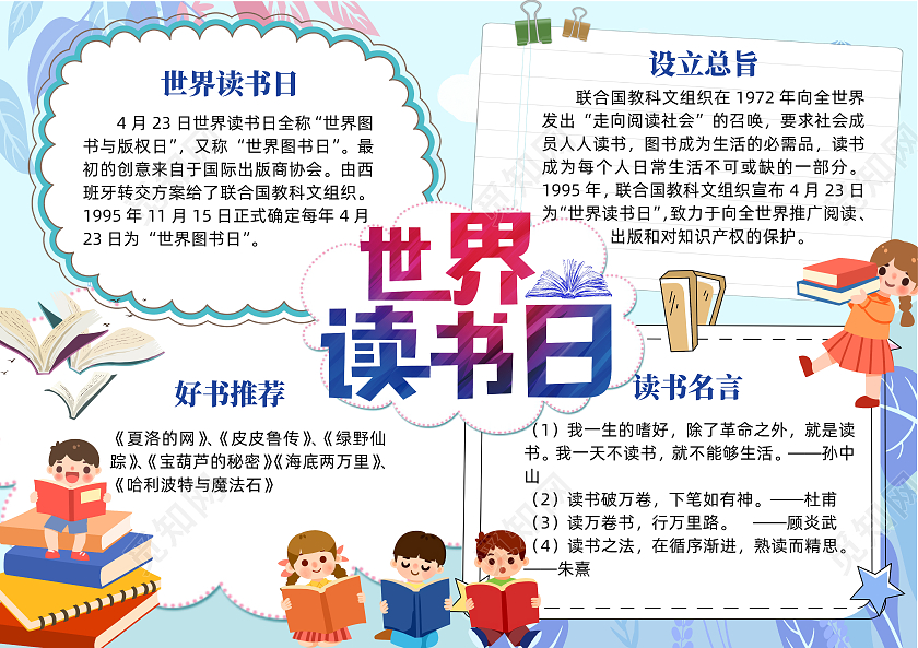 蓝色卡通世界读书日卡通小报手抄报