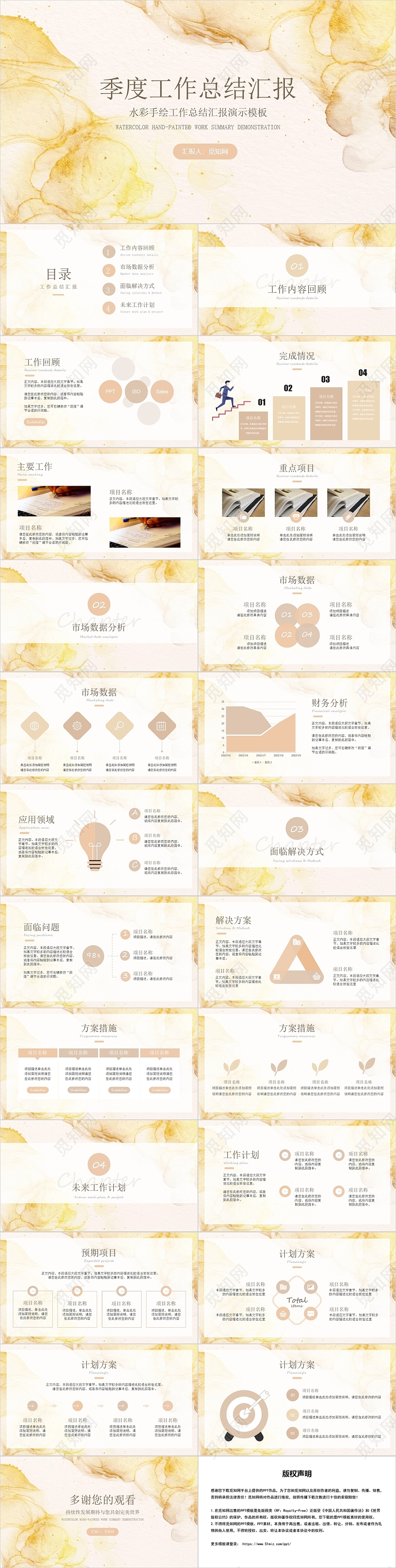黄色水彩风季度工作总结汇报PPT模板