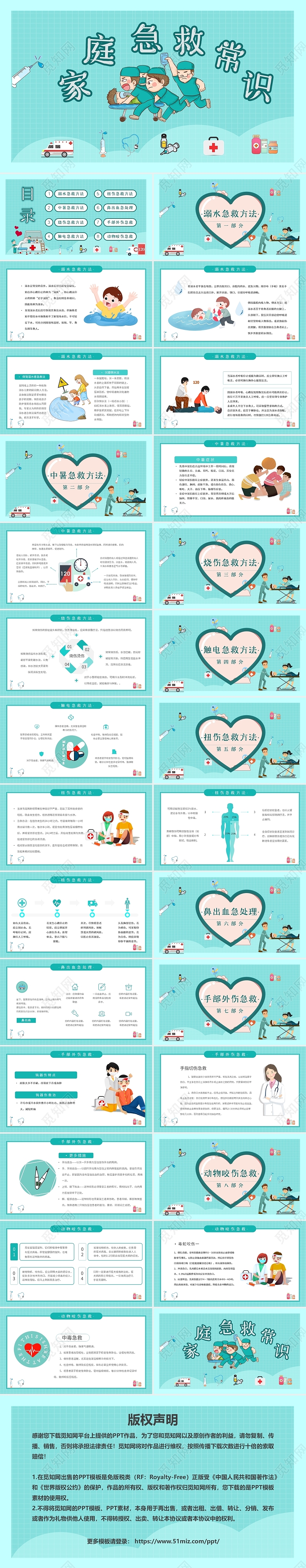 绿色卡通可爱医疗家庭急救常识培训课件动态PPT模板