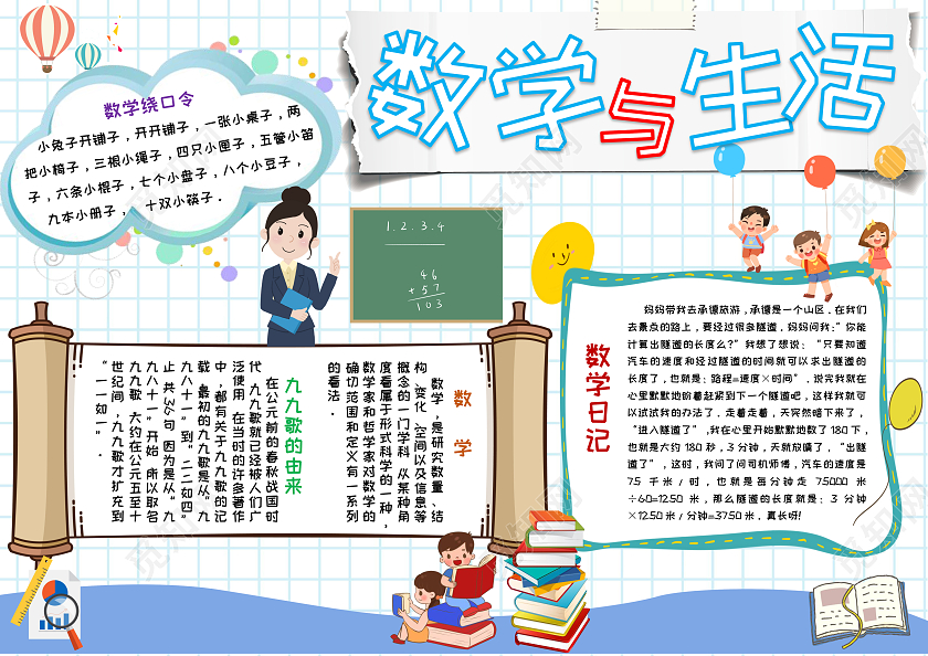 浅蓝色简约数学与生活生活中的数学手抄报