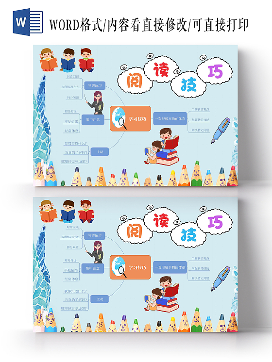 蓝色卡通阅读技巧小报