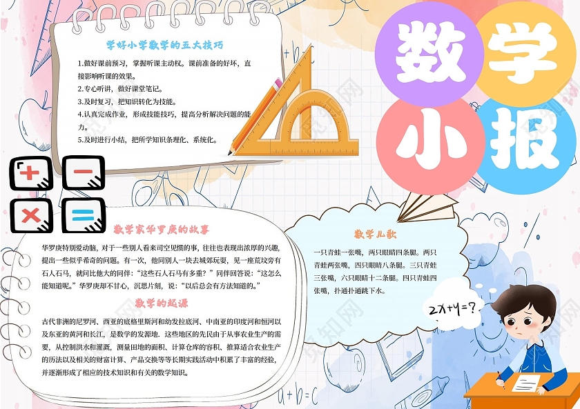 粉白蓝色卡通数学小报数学小报手抄报卡通小报手抄报
