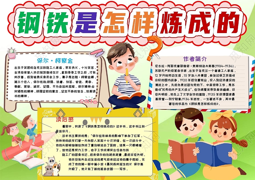 绿色卡通钢铁怎样炼成的阅读小报手抄报钢铁是怎样炼成的读书分享