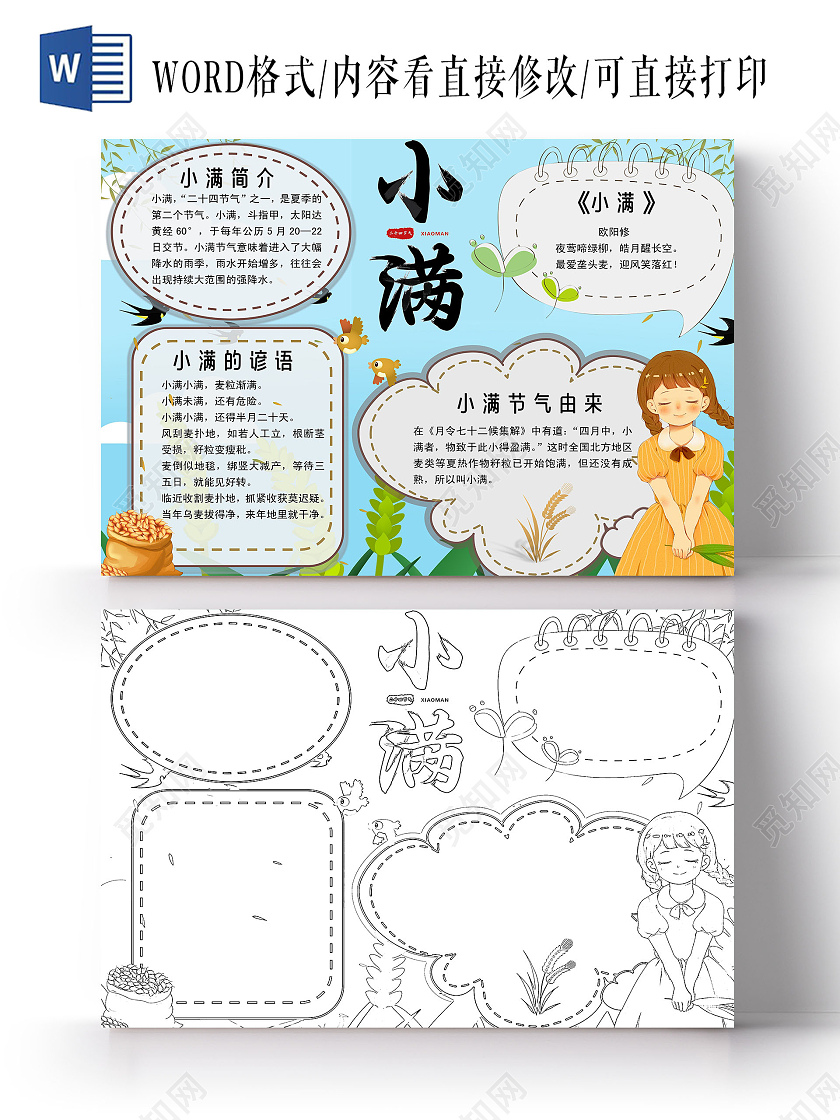 蓝色卡通小满小报手抄报卡通小报手抄报