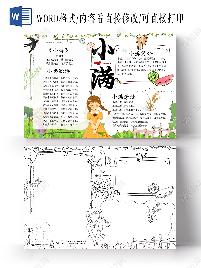 白色手绘小满小报手抄报卡通小报手抄报