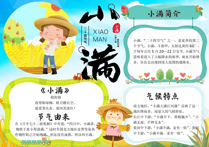 蓝色卡通小满小报手抄报卡通小报手抄报