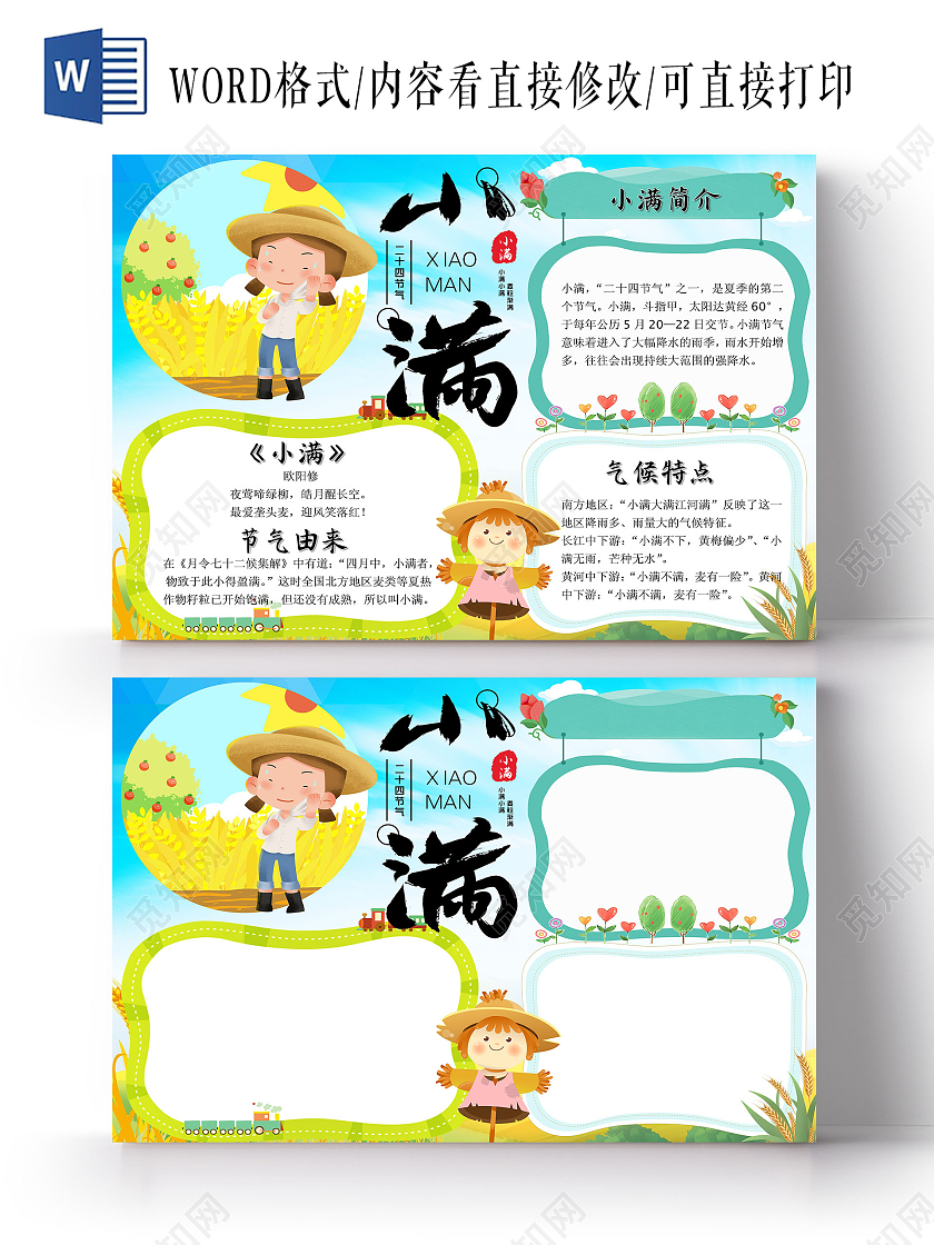 蓝色卡通小满小报手抄报卡通小报手抄报