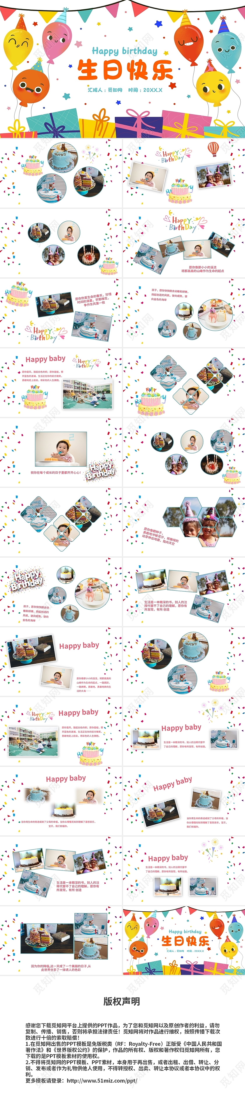 卡通彩色儿童生日快乐电子纪念相册PPT模板