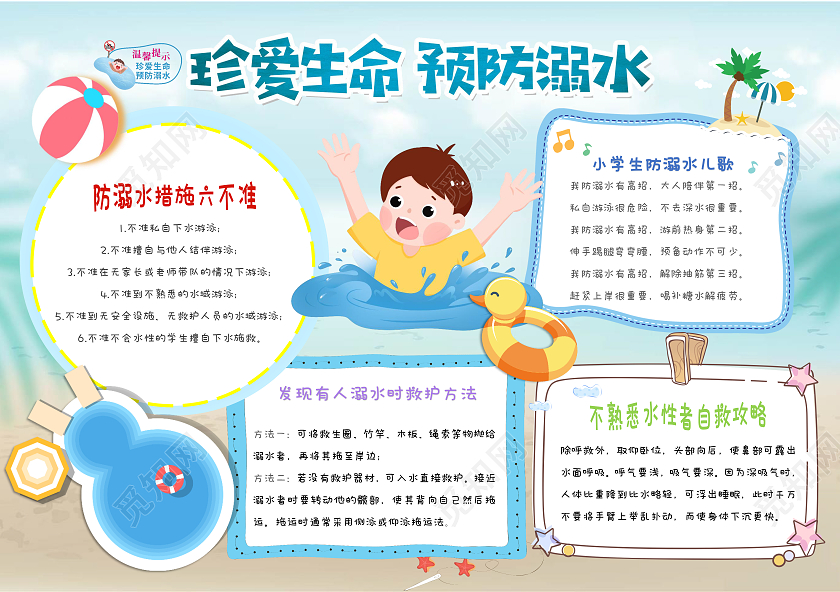 蓝色卡通珍爱生命预防溺水安全手抄报卡通小报