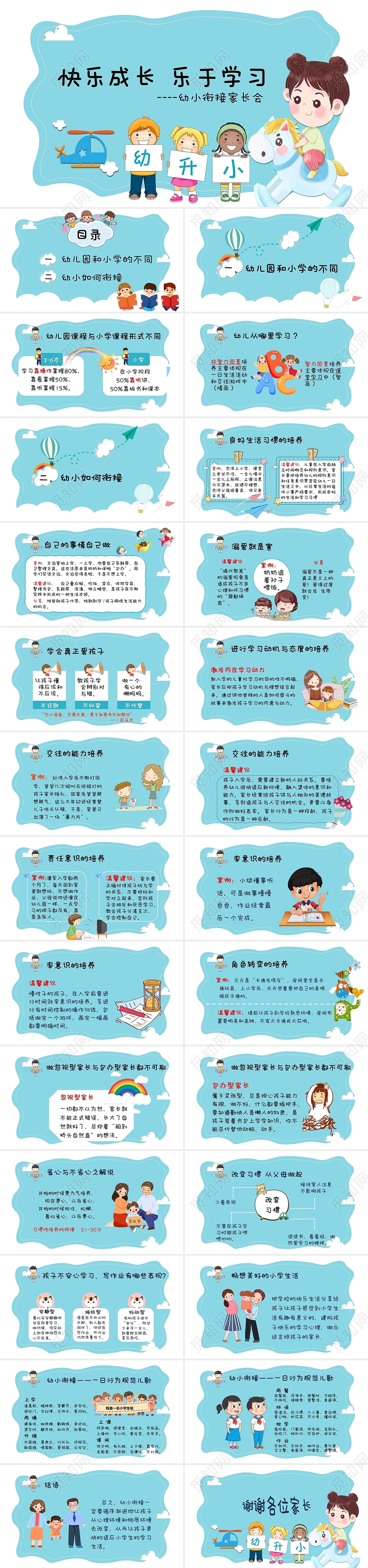 蓝色可爱清新快乐成长 乐于学习幼小衔接家长会ppt幼小衔接家长会3