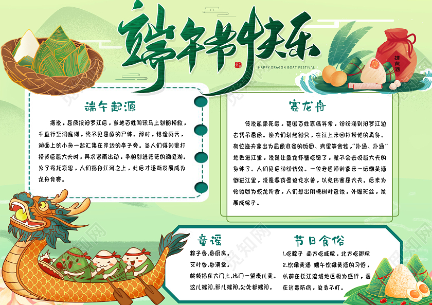 绿色卡通端午节快乐卡通小报手抄报