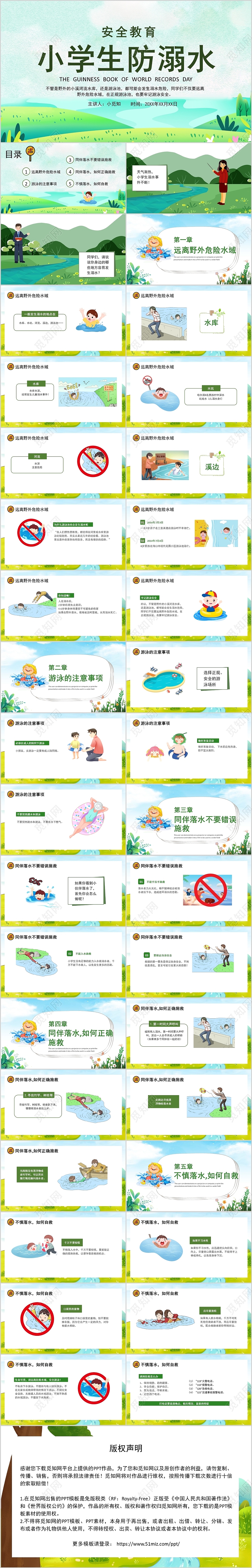 绿色简约风小学生防溺水安全教育PPT模板
