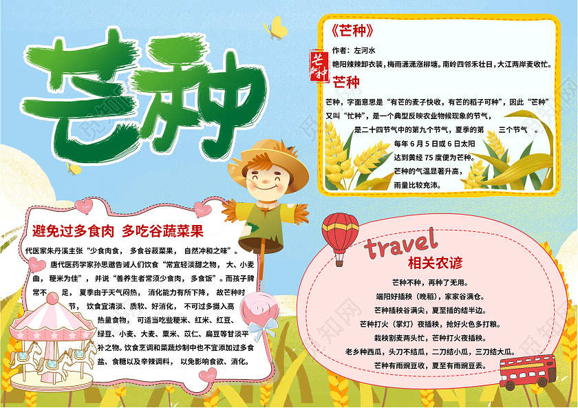 蓝色简约芒种手抄报小报