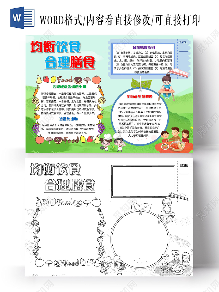 绿色 卡通 均衡饮食合理膳食 学生营养日 卡通小报手抄报