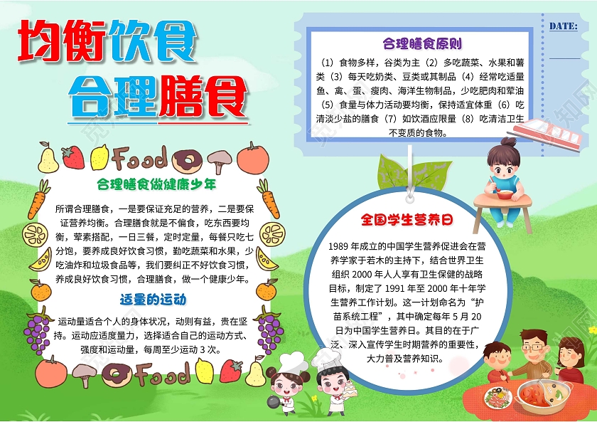 绿色 卡通 均衡饮食合理膳食 学生营养日 卡通小报手抄报