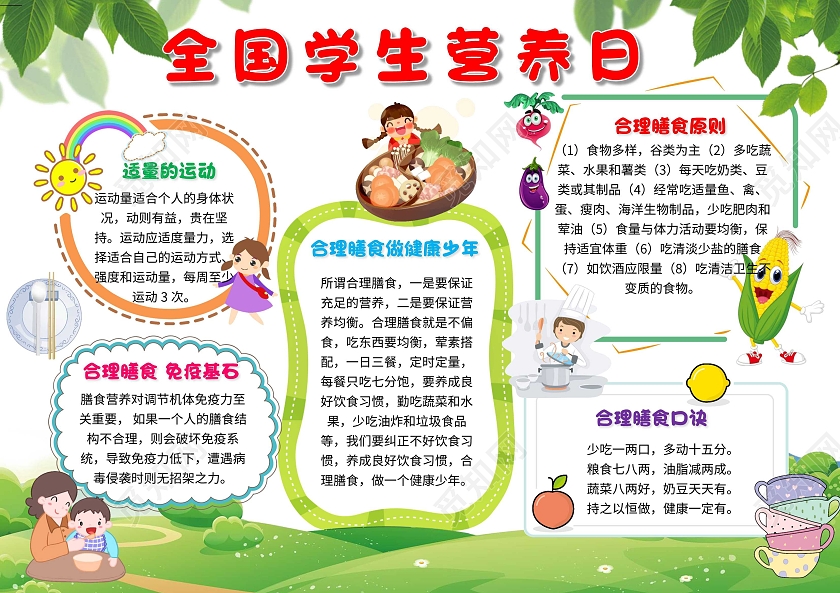 绿色 卡通 全国学生营养日 学生营养日 卡通小报手抄报