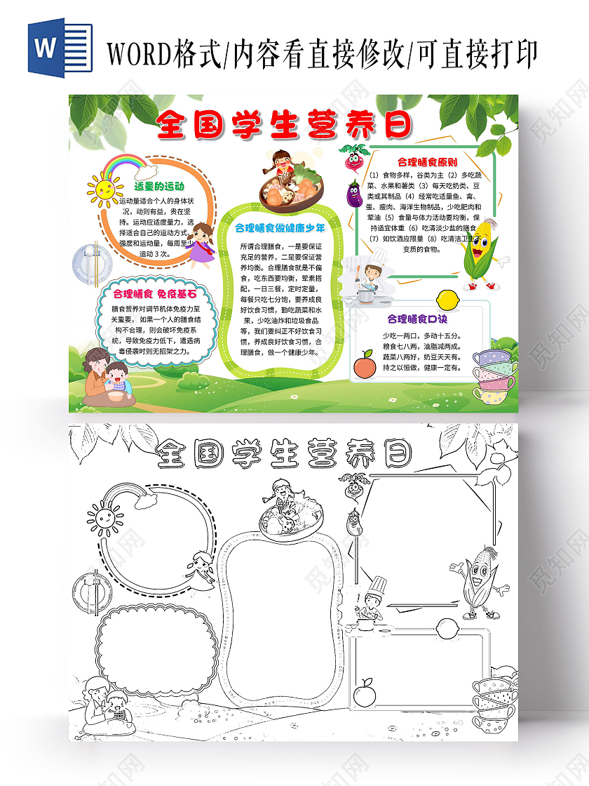 绿色 卡通 全国学生营养日 学生营养日 卡通小报手抄报