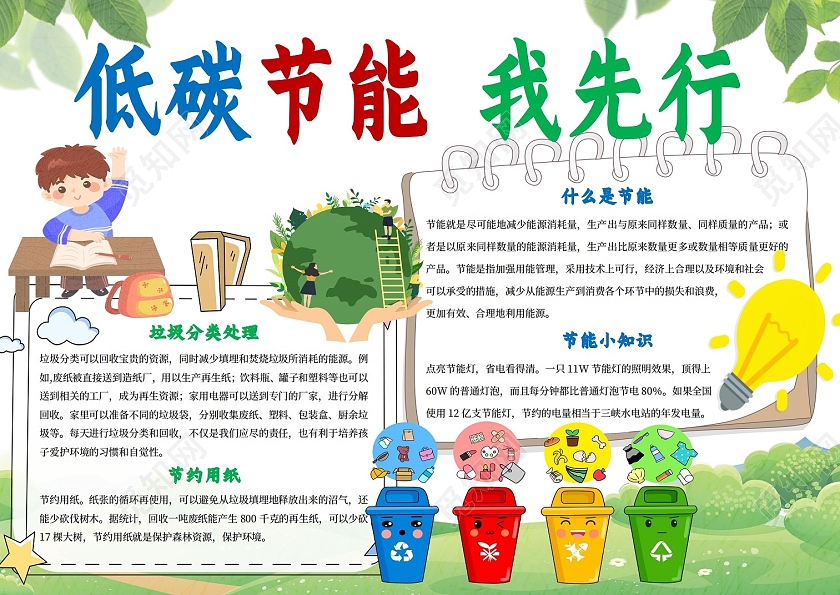 绿色卡通低碳节能我先行节能环保小报手抄报卡通小报手抄报