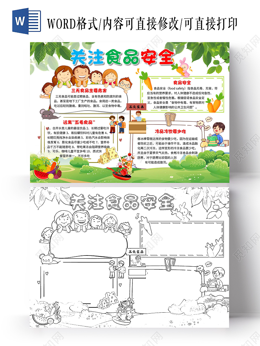 绿色 卡通 关注食品安全 食品安全 卡通小报手抄报