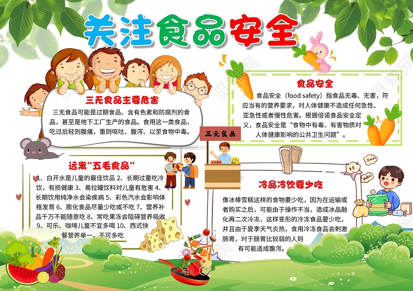 绿色 卡通 关注食品安全 食品安全 卡通小报手抄报