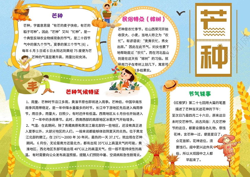 蓝色 卡通 芒种 卡通小报手抄报