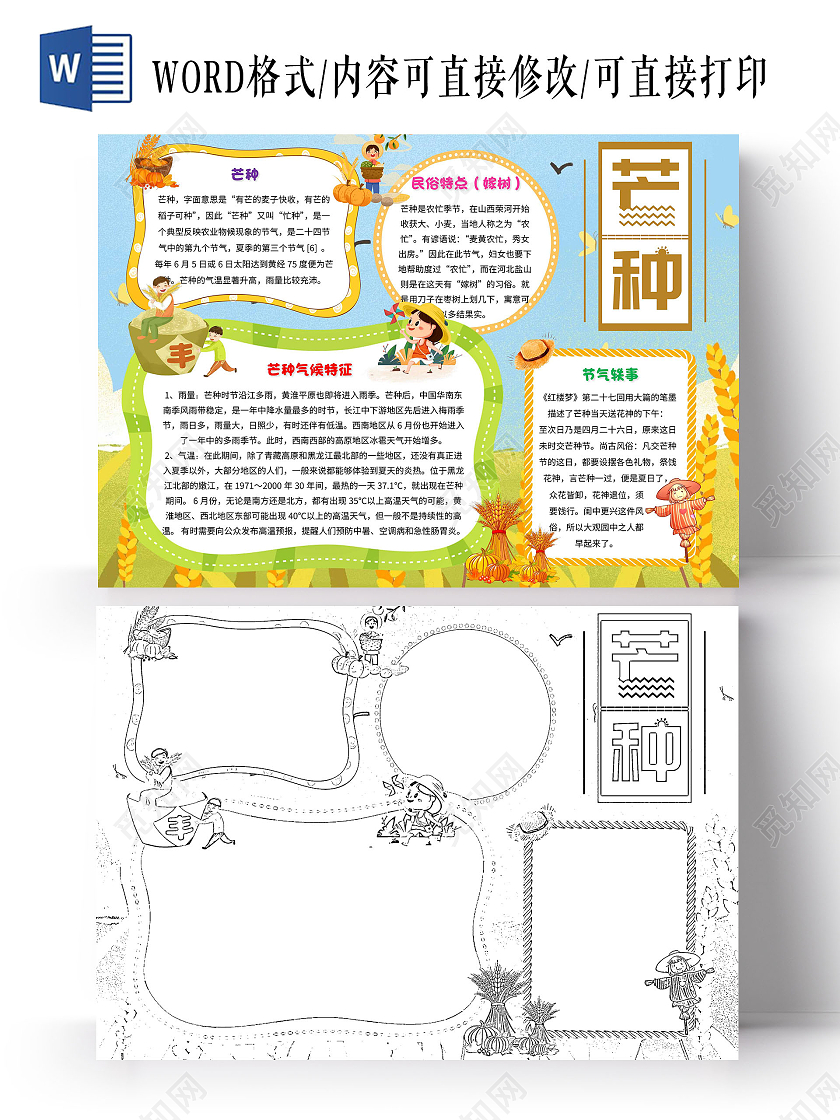 蓝色 卡通 芒种 卡通小报手抄报