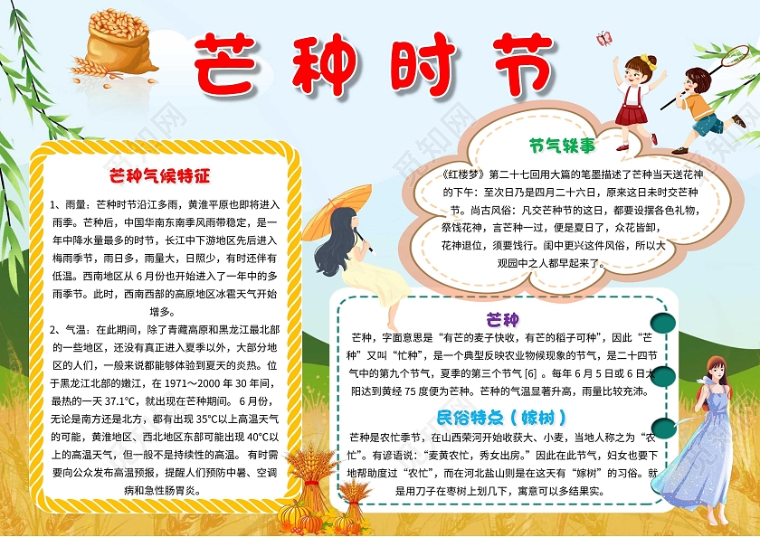 绿色 卡通 芒种时节 芒种 卡通小报手抄报