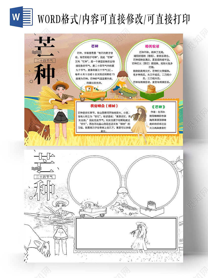 黄棕色 卡通 芒种 卡通小报手抄报