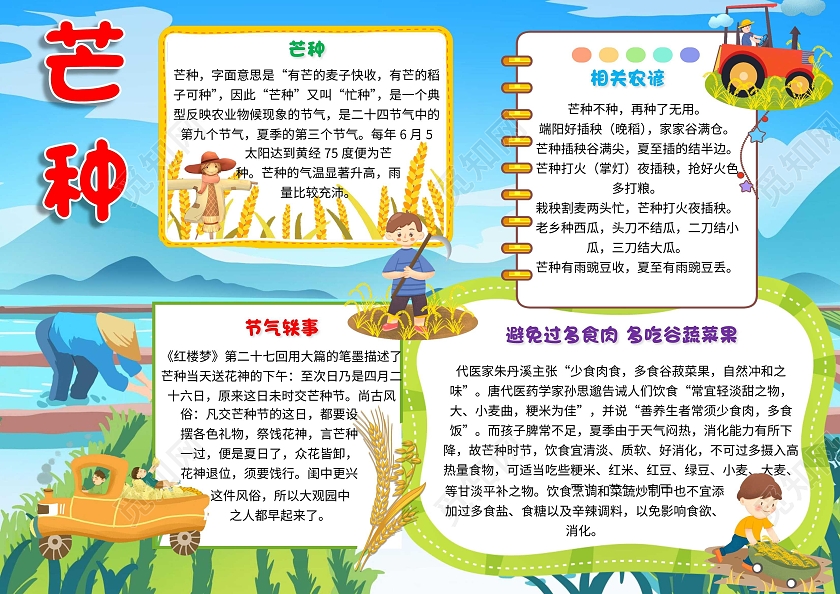 蓝色 卡通 芒种 卡通小报手抄报