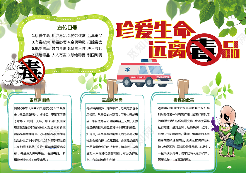 绿色卡通珍爱生命远离毒品禁毒小报手抄报卡通小报手抄报国际禁毒国际禁毒日