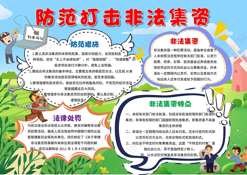 蓝绿色卡通防范打击非法集资 非法集资 卡通小报手抄报