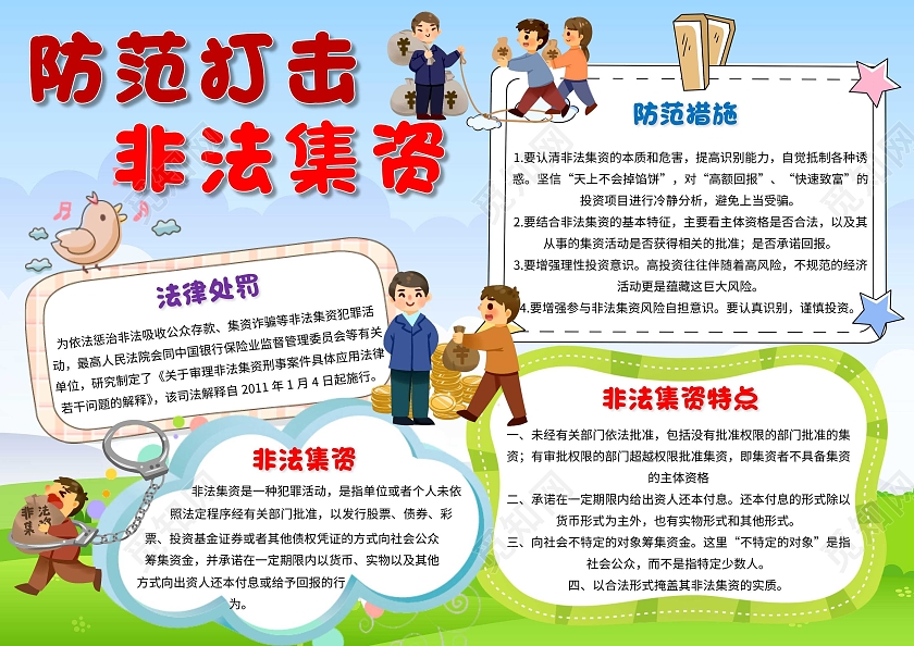 蓝绿色 卡通 防范打击非法集资 非法集资 卡通小报手抄报