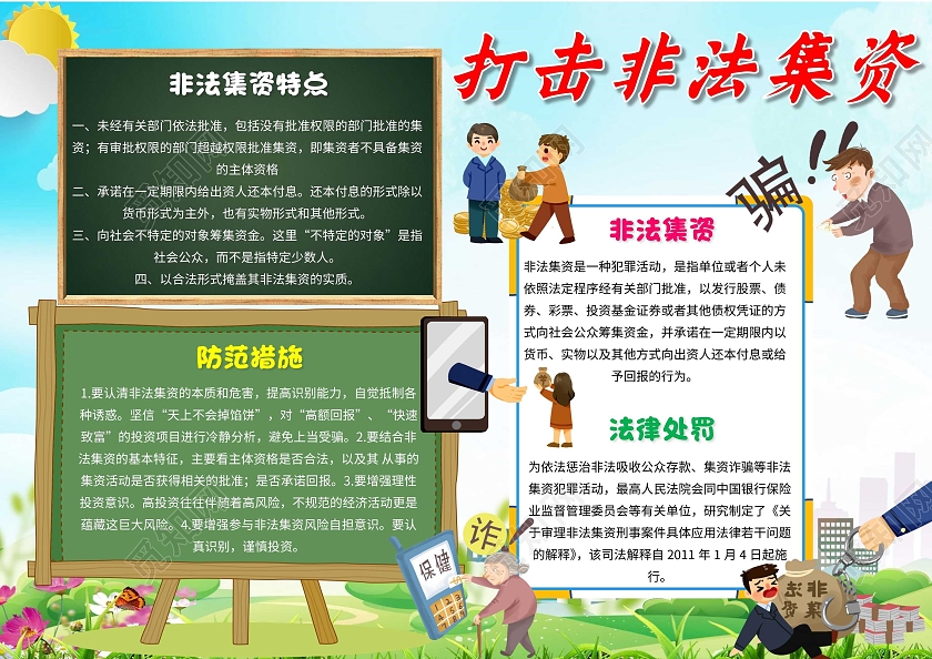 蓝绿色 卡通 打击非法集资 非法集资 卡通小报手抄报