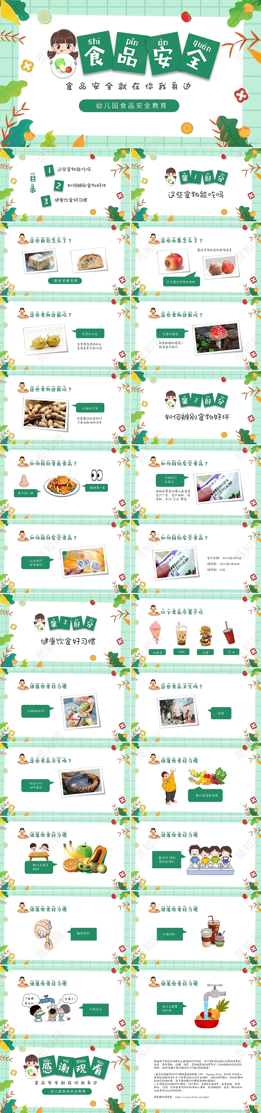 绿色清新卡通儿童幼儿园食品安全主题班会PPT幼儿园食品安全教育