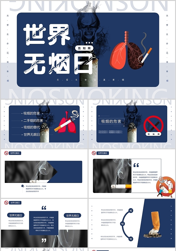 蓝色简约世界无烟日接入吸烟戒烟节日吸烟有害PPT模板