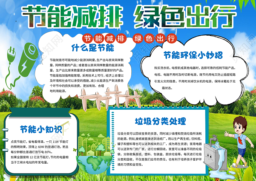 蓝色卡通节能环保小报手抄报卡通小报手抄报