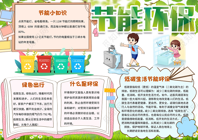 彩色卡通节能环保小报手抄报卡通小报手抄报