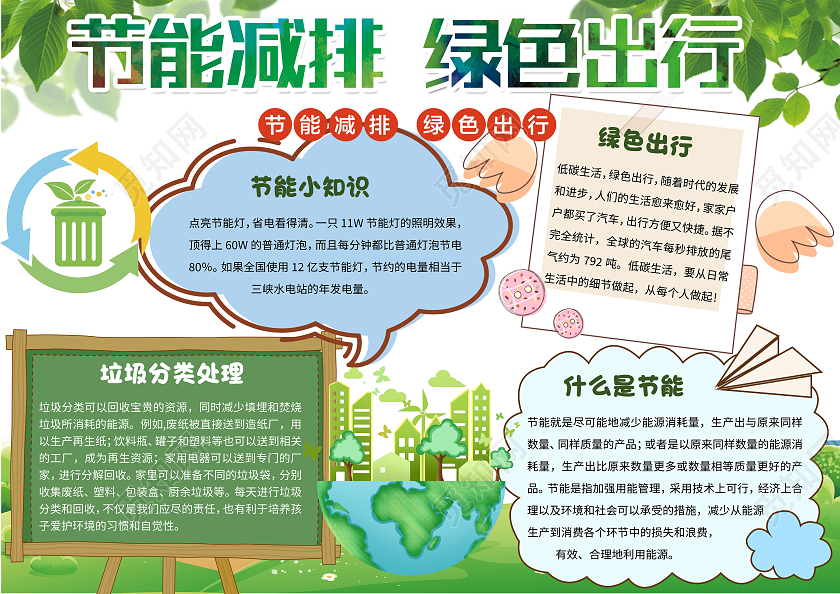 彩色卡通节能减排绿色出行节能环保小报手抄报卡通小报手抄报