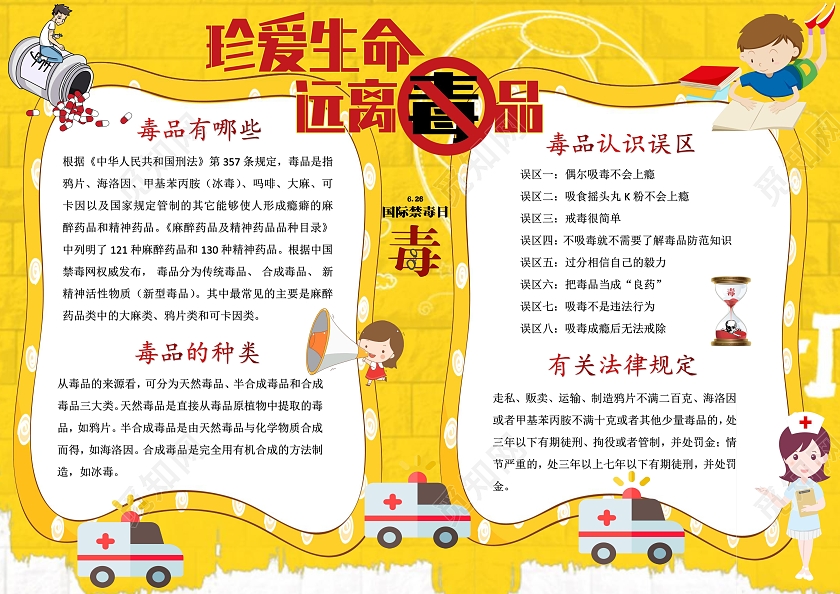 黄色卡通珍爱生命远离毒品禁毒小报手抄报卡通小报手抄报