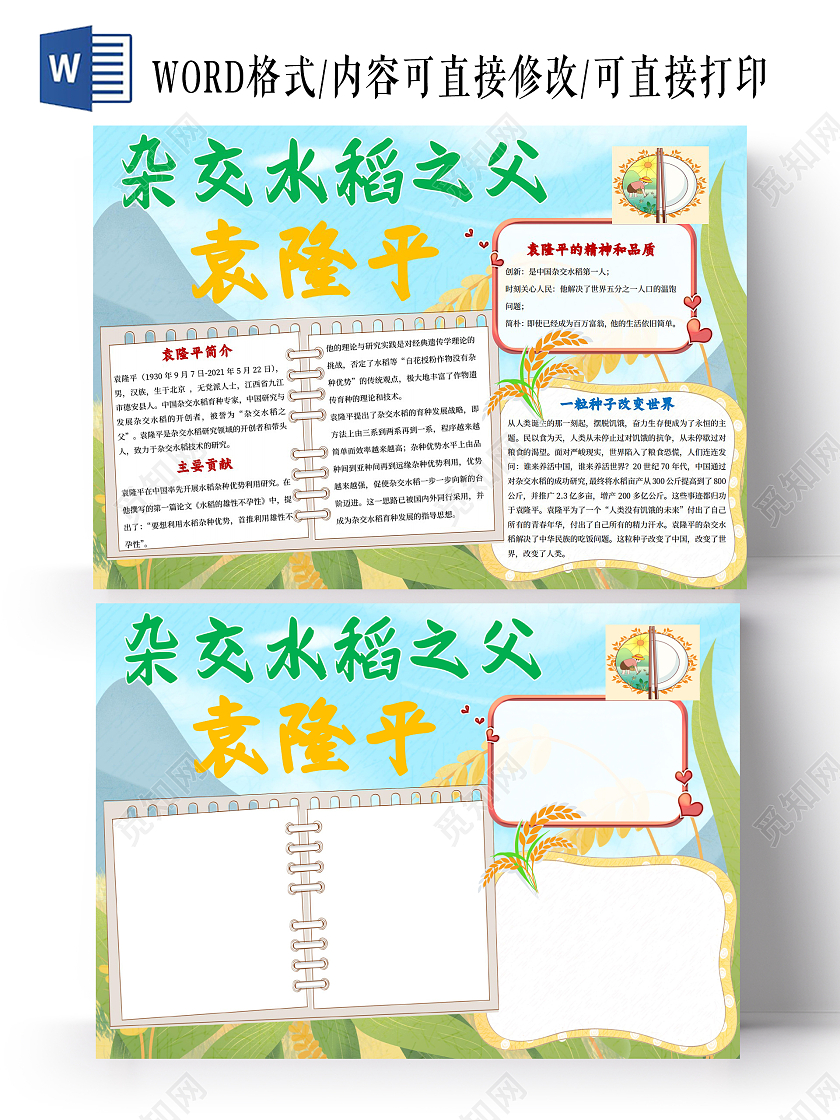 科学家绿色卡通杂交水稻之父袁隆平小报手抄报卡通小报手抄报