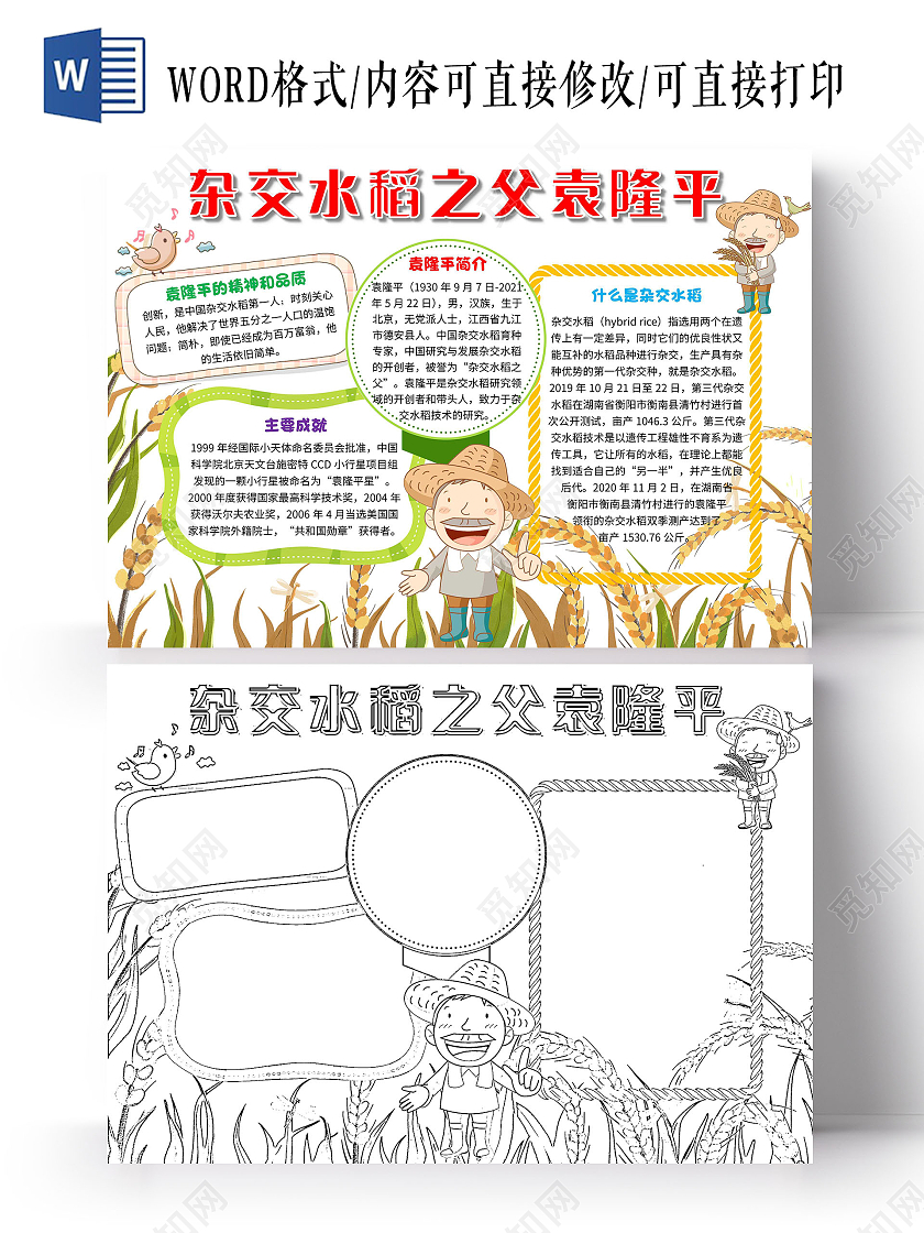 科学家白色 卡通 杂交水稻之父袁隆平 袁隆平 卡通小报手抄报