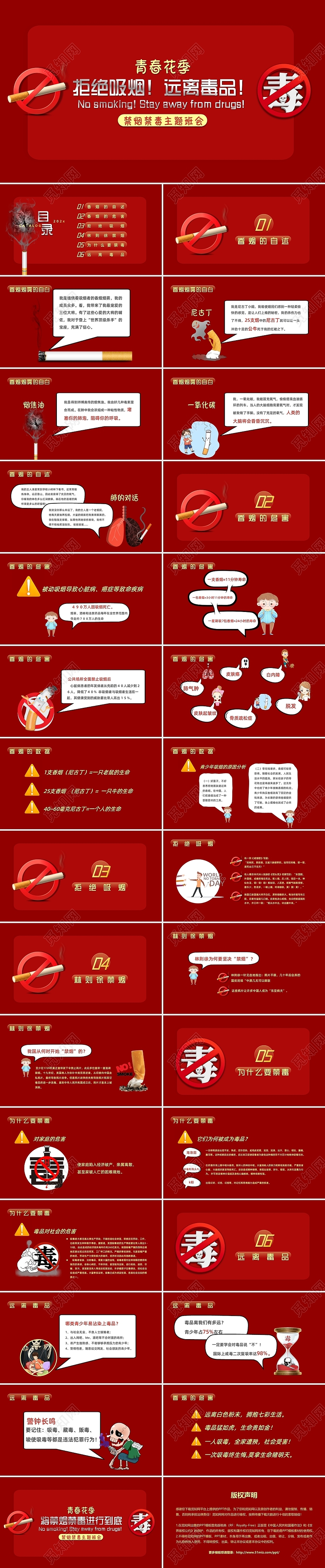 红色简约青春花季拒绝吸烟远离毒品禁烟禁毒主题班会PPT模板