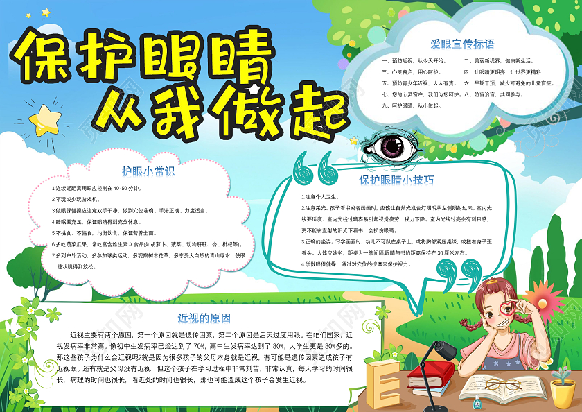 绿色卡通保护眼睛从我做起小报手抄报爱护眼睛预防近视爱眼